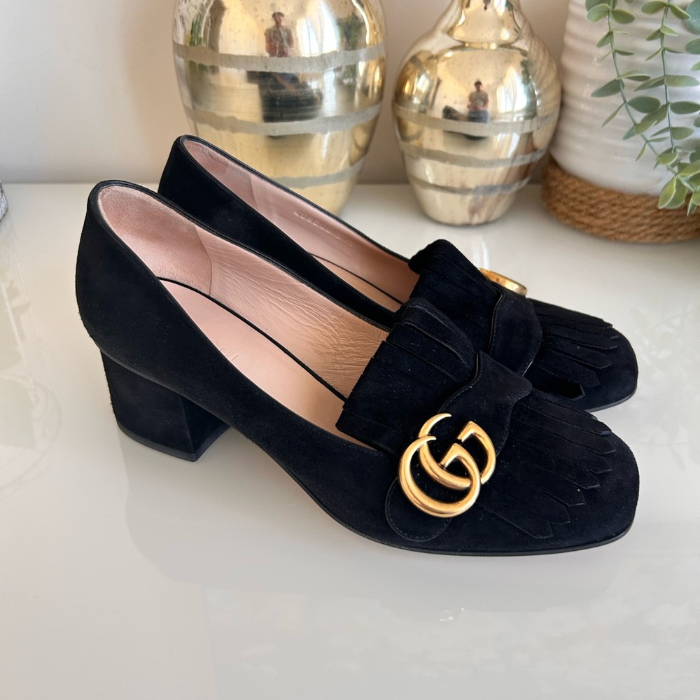 Gucci Suede Black Loafers with Gold Accent